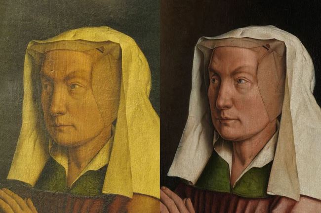 Jan van Eyck 'Ghent Altarpiece' (detail, before and after restoration)